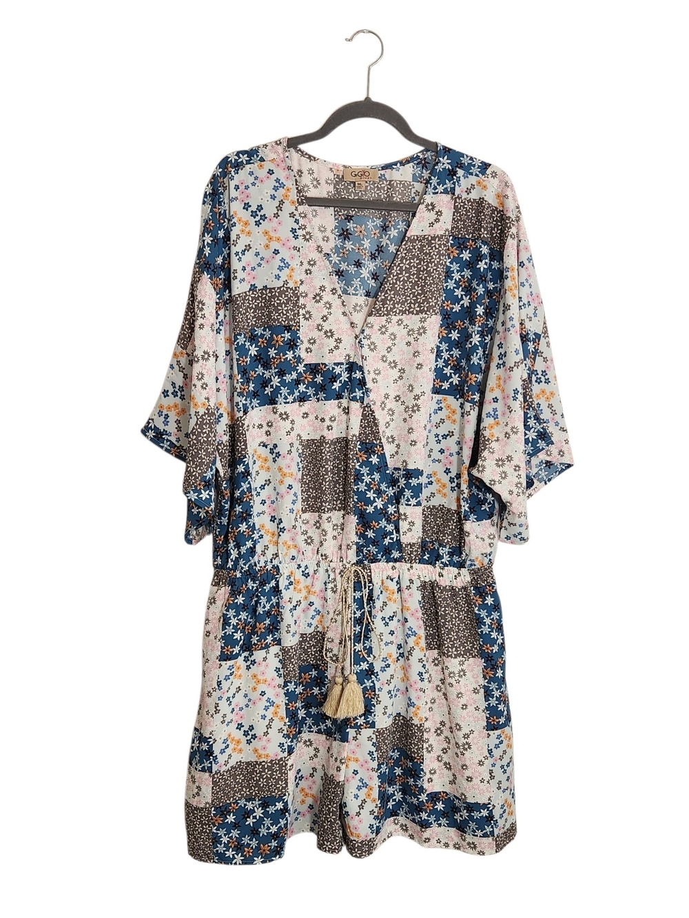 GiGio Blue and Pink Patchwork Boho Short Romper Size 1XL Boho Romper
